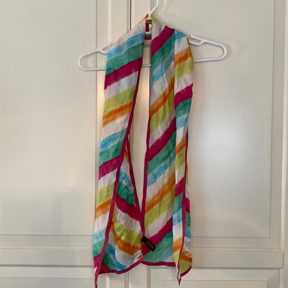 Coach, rainbow colored silk scarf in excellent shape